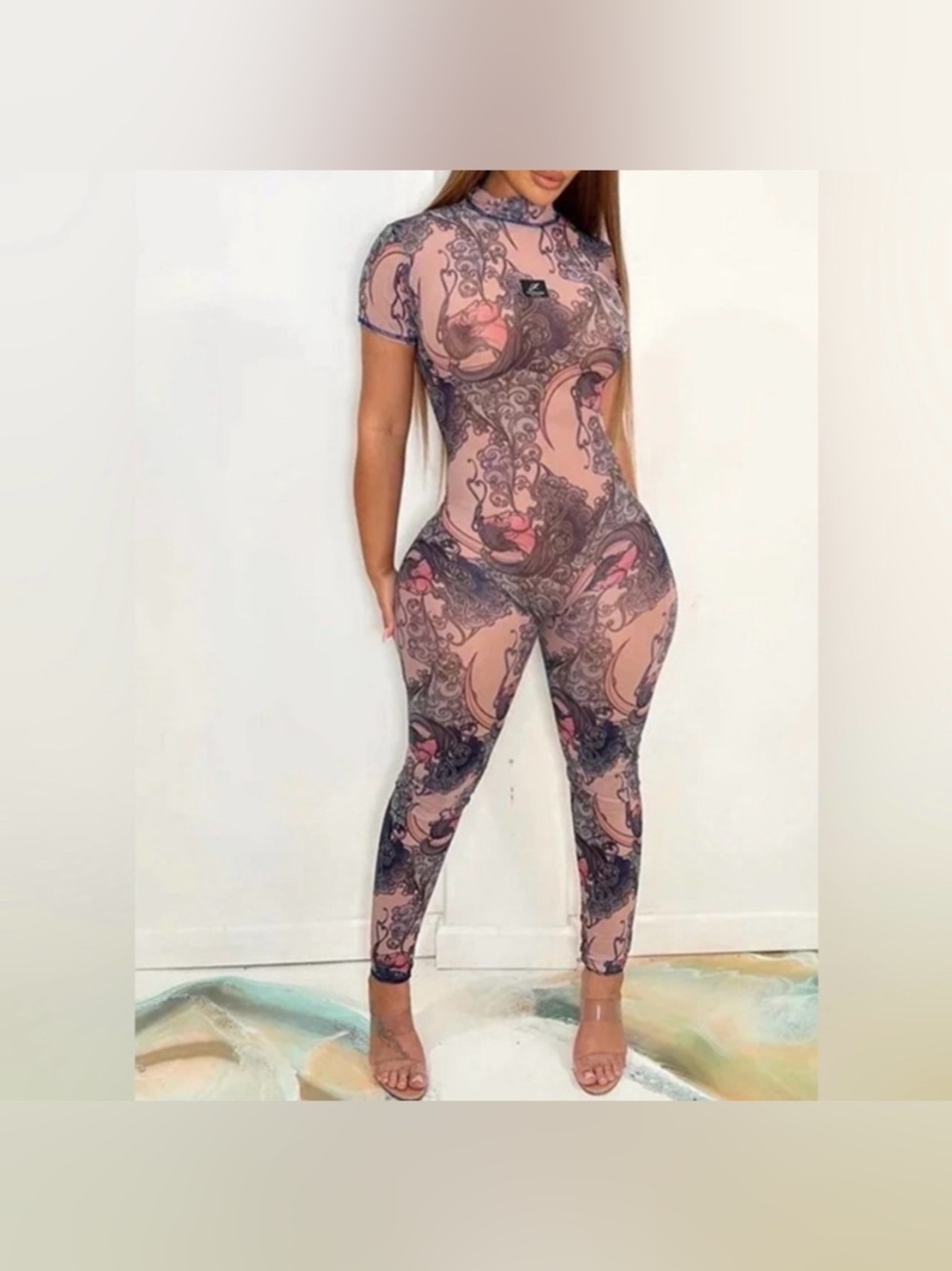 Chic Affair Oriental Printed Mesh Jumpsuit Pink Medium NWOT IN PACKAGE